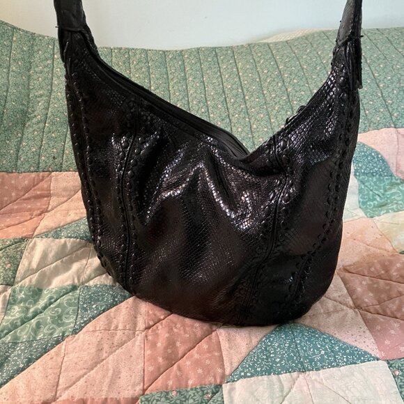 Brighton Black Leather Purse Womens Hobo Slouchy Faux Snakeskin Western Buckle - Picture 7 of 16